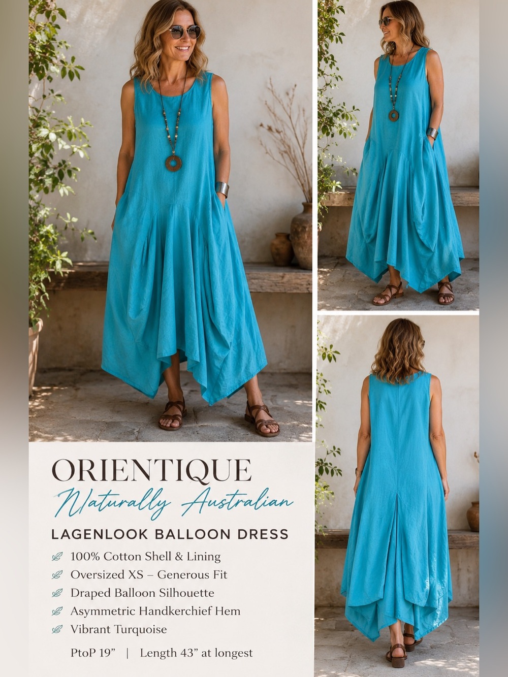 Orientique Naturally Australian Cotton Lagenlook Balloon Dress XS Turquoise